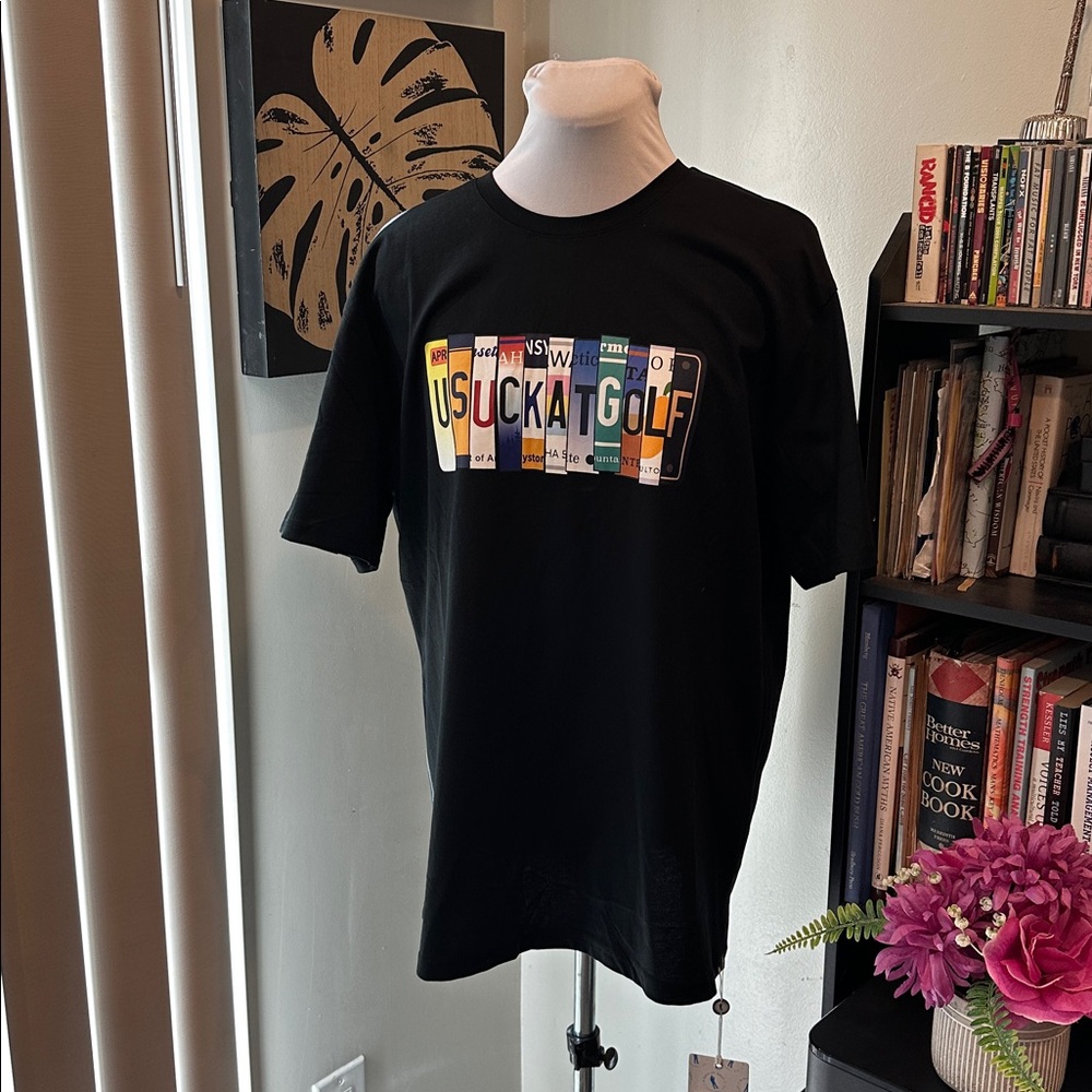 Black Graphic T-Shirt with Colorful Design NWT U Suck At Golf License Plate